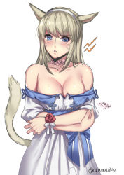 Rule 34 | 10s, 1girl, animal ears, aruma jiki, bare shoulders, blonde hair, blue eyes, blush, breasts, cleavage, final fantasy, final fantasy xiv, long hair, looking at viewer, miqo&#039;te, open mouth, simple background, solo, tail, teeth, twitter username, warrior of light (ff14), white background