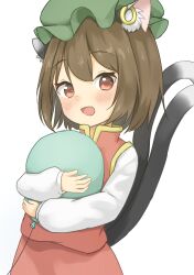 Rule 34 | 1girl, :d, animal ear fluff, animal ear piercing, animal ears, balloon, blush, brown eyes, brown hair, cat ears, cat tail, chen, commentary, cowboy shot, dot nose, double-parted bangs, earrings, frills, happy, hat, highres, holding, holding balloon, jewelry, keyakko, long sleeves, looking at viewer, mob cap, multiple tails, nekomata, open mouth, puffy long sleeves, puffy sleeves, red skirt, red vest, short hair, simple background, single earring, skirt, smile, solo, symbol-only commentary, tail, touhou, two tails, vest, white background
