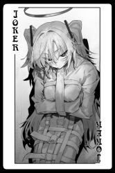 Rule 34 | absurdres, arms under breasts, blue archive, bound, card, crossed arms, greyscale, halo, highres, joker (playing card), long hair, looking at viewer, monochrome, movik, playing card, playing card theme, restrained, two side up, very long hair, yuuka (blue archive)
