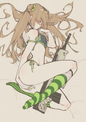 Rule 34 | 1girl, absurdres, ahoge, ass, assault rifle, bangle, blush, bow, bra, bracelet, breasts, brown hair, bullpup, cyta celest, double bun, eyes visible through hair, finger to mouth, girls&#039; frontline, green eyes, green nails, green panties, green socks, gun, hair bow, hair bun, half-closed eyes, highleg, highleg panties, highres, jewelry, kel-tec rfb, kneehighs, long hair, looking at viewer, lying, medium breasts, nail polish, on side, open bra, panties, parted lips, pinky to mouth, rfb (girls&#039; frontline), rifle, semi-automatic firearm, semi-automatic rifle, side-tie panties, smile, socks, solo, striped clothes, striped socks, thighs, underwear, undone bra, vertical-striped clothes, vertical-striped socks, weapon