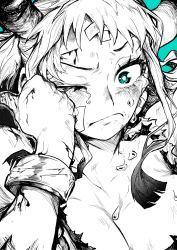 Rule 34 | 1girl, bandaid, bandaid on cheek, bandaid on face, bandaid on forehead, blood, breasts, cleavage, collarbone, crying, crying with eyes open, cuffs, frown, furrowed brow, green background, green eyes, greyscale with colored background, hand up, highres, horns, long hair, monochrome, one eye closed, one piece, oni, raised eyebrow, sad, shackles, solo, spot color, tears, torn clothes, yamato (one piece), yotsumi shiro