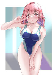 Rule 34 | 1girl, blue one-piece swimsuit, breasts, cleavage, collarbone, commentary request, competition swimsuit, cowboy shot, large breasts, leaning forward, looking at viewer, mashinatsu, medium breasts, multicolored clothes, multicolored swimsuit, one-piece swimsuit, original, pink hair, red eyes, solo, swimsuit, thigh gap