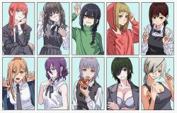 Rule 34 | 6+girls, absurdres, belt, black tank top, bra, breasts, chainsaw man, cigarette, cleavage, commentary, demon horns, double v, eating, english commentary, eyepatch, fami (chainsaw man), food, food in mouth, gao, green sweater, grey hair, grin, hair between eyes, hair ornament, hairclip, higashiyama kobeni, highres, himeno (chainsaw man), hood, hoodie, horns, large breasts, blue background, makima (chainsaw man), medium hair, multiple girls, nayuta (chainsaw man), pizza, ponytail, portrait, power (chainsaw man), purple hair, quanxi (chainsaw man), red eyes, red hair, reze (chainsaw man), sawatari akane (chainsaw man), shiren (ourboy83), simple background, smile, sweater, tank top, underwear, upper body, v, yellow eyes, yoru (chainsaw man)