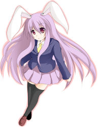 Rule 34 | 1girl, absurdres, animal ears, black thighhighs, female focus, highres, kazami chiu, long hair, long sleeves, necktie, pink hair, rabbit ears, red eyes, reisen udongein inaba, solo, thighhighs, touhou, very long hair, white background, yellow necktie