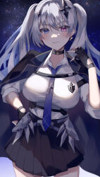 Rule 34 | + +, 1girl, absurdres, armored skirt, black choker, black coat, black skirt, blue eyes, blue necktie, breasts, chest belt, choker, coat, collared shirt, cowboy shot, cross hair ornament, dress shirt, earrings, grey hair, hair between eyes, hair ornament, heterochromia, highres, jewelry, large breasts, long hair, long sleeves, looking at viewer, miniskirt, necktie, neo-porte, night, official alternate costume, pink eyes, pleated skirt, school uniform, shirt, skirt, sky, sleeves pushed up, smile, solo, star (sky), starry sky, tanaka (vgnu3845), tentei forte, triangle earrings, twintails, virtual youtuber, white shirt, wing collar