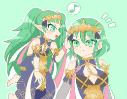 Rule 34 | 2girls, artist request, barefoot, breasts, byleth (female) (fire emblem), byleth (fire emblem), cleavage, cosplay, dress, fire emblem, fire emblem: three houses, floating, green eyes, green hair, hair ornament, height difference, large breasts, long hair, medium hair, multiple girls, musical note, nintendo, open mouth, smile, sothis (fire emblem), sothis (fire emblem) (cosplay), tiara