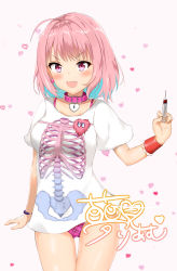 Rule 34 | 1girl, ahoge, arm at side, bangle, blue hair, blurry, blurry background, blush, bra, bracelet, breasts, character name, collar, earrings, fang, frills, gluteal fold, hair intakes, heart, heart-shaped lock, heart background, heart on chest, highres, holding, holding syringe, idolmaster, idolmaster cinderella girls, jewelry, legs together, medium breasts, multicolored hair, neruki (ntme), open mouth, panties, pill earrings, pink bra, pink collar, pink eyes, pink hair, pink panties, plaid, plaid panties, red wristband, shirt, short hair, short sleeves, skeleton print, smile, solo, syringe, t-shirt, tareme, thigh gap, thighs, tongue, two-tone hair, underwear, v-shaped eyebrows, white background, white frills, white shirt, yumemi riamu