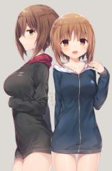 Rule 34 | 10s, 2girls, :d, adapted costume, blush, breasts, brown eyes, brown hair, character name, closed mouth, collarbone, cowboy shot, emblem, girls und panzer, gluteal fold, grey background, hair between eyes, hand up, highres, hood, hoodie, komeshiro kasu, large breasts, looking at viewer, multiple girls, naked sweater, nishizumi maho, nishizumi miho, ooarai (emblem), open mouth, profile, short hair with long locks, siblings, simple background, sisters, smile, sweater, translated