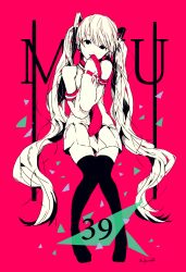 Rule 34 | 1girl, 3kuma, black eyes, detached sleeves, digits, facing viewer, hatsune miku, long hair, looking at viewer, necktie, open mouth, pink background, skirt, solo, thighhighs, twintails, very long hair, vocaloid