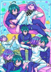 Rule 34 | 2boys, 2gyks, :d, ahoge, barefoot, blush, book, checkered clothes, checkered scarf, closed eyes, controller, couch, danganronpa (series), danganronpa v3: killing harmony, eye contact, green hair, grey jacket, holding, holding book, holding controller, jacket, looking at another, lying, male focus, medium hair, multiple boys, on person, on stomach, open book, open mouth, oma kokichi, pants, pink hair, purple jacket, purple pants, saihara shuichi, scarf, short hair, sitting, smile, sweatdrop, teeth, upper teeth only, yaoi