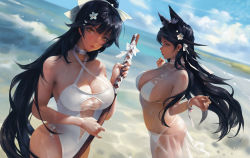 Rule 34 | 2girls, alternate costume, animal ears, ass, atago (azur lane), atago (summer march) (azur lane), azur lane, bare shoulders, beach, bikini, black hair, blue sky, blurry, blurry background, blush, bow, breasts, brown eyes, choker, cloud, cowboy shot, day, expressionless, extra ears, frown, g-tz, hair bow, hair flaps, hair ribbon, halterneck, hands up, highres, holding, holding sword, holding weapon, large breasts, long hair, long sleeves, looking at viewer, mole, mole under eye, multiple girls, ocean, off shoulder, one-piece swimsuit, outdoors, ponytail, ribbon, sand, sarong, see-through, sideboob, sidelocks, skindentation, sky, swept bangs, swimsuit, sword, takao (azur lane), takao (beach rhapsody) (azur lane), thighs, very long hair, waves, weapon, wet, white bikini, white bow, white one-piece swimsuit, white ribbon, wooden sword, wrist ribbon