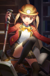 Rule 34 | 1girl, :o, blazer, blonde hair, book, bow, dress shirt, gilse, hard hat, hat, helmet, hiking pole, jacket, library, lowres, open mouth, plaid, plaid skirt, pleated skirt, school uniform, shirt, shoes, shovel, skirt, solo, sword girls, thighhighs, twintails, cane, worktool, yellow eyes