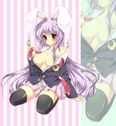 Rule 34 | 1girl, absurdres, animal ears, bare shoulders, black thighhighs, blush, breasts, colorized, crescent, crescent earrings, earrings, highres, jewelry, long hair, no bra, nyanyahinaichigo, off shoulder, open clothes, open shirt, purple hair, rabbit ears, red eyes, reisen udongein inaba, shirt, skirt, solo, thighhighs, touhou, very long hair, zoom layer