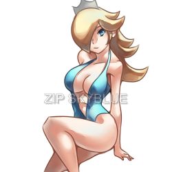 Rule 34 | 1girl, bare shoulders, blonde hair, blue eyes, breasts, crown, hair over one eye, highres, large breasts, long hair, mario (series), navel, nintendo, rosalina, solo, super mario galaxy, swimsuit, white background, zipskyblue