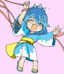 Rule 34 | 1girl, arms up, artist request, blue footwear, blue hair, blue kimono, bush, closed eyes, feet, female focus, fubukihime, full body, hair ornament, japanese clothes, jpeg artifacts, kimono, knees together feet apart, laughing, long sleeves, obi, open mouth, pigeon-toed, pink background, ponytail, sandals, sash, simple background, smile, solo, suspension, sweat, tears, tentacles, tickling, traditional youkai, youkai watch