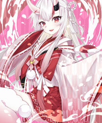Rule 34 | 1girl, absurdres, blush, commentary request, gradient hair, hair between eyes, highres, hiyashinssu, hololive, horns, japanese clothes, kimono, long hair, looking at viewer, multicolored hair, nakiri ayame, nakiri ayame (shrine maiden), nontraditional miko, open mouth, red eyes, red hair, red kimono, sidelocks, skin-covered horns, sleeves past wrists, solo, streaked hair, thighhighs, virtual youtuber, white hair, white kimono, white thighhighs, zettai ryouiki