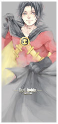 Rule 34 | 1boy, batman (series), black hair, blue eyes, character name, dc comics, male focus, red robin, smile, solo, superhero costume, tim drake