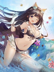 Rule 34 | 10s, 1girl, ;o, animal ears, bad id, bad pixiv id, bikini, black bikini, black hair, blush, breasts, cleavage, female focus, flower, frilled bikini, frills, front-tie top, gloves, goggles, goggles on head, granblue fantasy, hayama eishi, inflatable dolphin, inflatable toy, jessica (granblue fantasy), large breasts, long hair, looking at viewer, navel, one eye closed, open mouth, solo, swimsuit, water, white gloves