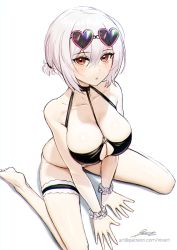Rule 34 | 1girl, artist name, azur lane, barefoot, bikini, black bikini, blush, breasts, cleavage, collarbone, commentary, english commentary, expressionless, eyelashes, eyewear on head, from above, full body, hair between eyes, heart, heart-shaped eyewear, highres, large breasts, looking at viewer, o-ring, o-ring bikini, official alternate costume, parted lips, patreon username, red eyes, revenantart, short hair, short ponytail, signature, simple background, sirius (azur lane), sirius (scorching-hot seirios) (azur lane), sitting, soles, solo, sunglasses, swimsuit, thigh strap, white background, wrist cuffs