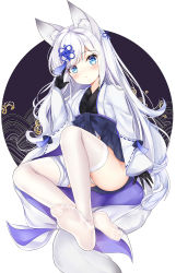 Rule 34 | 1girl, absurdres, animal ear fluff, animal ears, arlene (ju), azur lane, bandaged leg, bandages, black gloves, black kimono, blue eyes, blush, closed mouth, full body, gloves, hair ornament, hand up, highres, japanese clothes, kasumi (azur lane), kimono, long hair, long sleeves, looking at viewer, no shoes, open clothes, see-through, sleeves past wrists, soles, solo, tail, thighhighs, very long hair, white hair, white thighhighs, wide sleeves