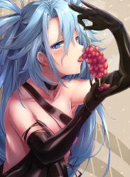 Rule 34 | 1girl, blue eyes, blue hair, choker, dress, elbow gloves, evening gown, food, fruit, girls&#039; frontline, gloves, grapes, hair between eyes, heart, heart-shaped pupils, highres, licking, light blue hair, long hair, official alternate costume, pa-15 (girls&#039; frontline), pa-15 (lady thief of champagne) (girls&#039; frontline), saliva, solo, symbol-shaped pupils, tongue, tongue out, very long hair, xlscaler