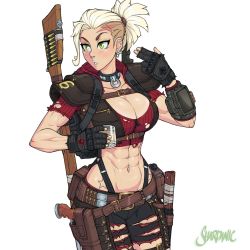 Rule 34 | 1girl, abs, armor, backpack, bag, blonde hair, breasts, canteen, cleavage cutout, clothing cutout, collar, cup, fallout (series), fallout new vegas, fingerless gloves, gloves, green eyes, gun, handgun, highres, holding, holding cup, large breasts, looking to the side, muscular, muscular female, nose piercing, nose ring, pauldrons, piercing, ponytail, rifle, scar, shardanic, shaved head, short hair, shoulder armor, simple background, solo, tattoo, toned, torn clothes, vest, weapon, weapon on back, white background, wrist computer, zipper