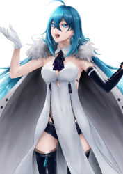 Rule 34 | 1girl, :d, absurdres, ahoge, ascot, asymmetrical sleeves, black ascot, black footwear, black shorts, black sleeves, blue eyes, blue hair, boots, breasts, cape, cleavage, covered navel, detached collar, detached sleeves, dress, floating hair, fur-trimmed cape, fur trim, gloves, hair between eyes, highres, long hair, long sleeves, medium breasts, micro shorts, open mouth, rockyoerr, shorts, simple background, single sleeve, smile, solo, standing, strapless, strapless dress, thigh boots, very long hair, vivy, vivy: fluorite eye&#039;s song, white background, white cape, white dress, white gloves