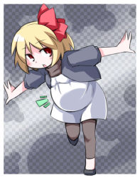 Rule 34 | 1girl, blonde hair, blush, bow, dress, embodiment of scarlet devil, female focus, hair bow, jacket, kugelschreiber, leaning forward, looking at viewer, open mouth, outstretched arms, pantyhose, pregnant, red eyes, rumia, running, shoes, socks, solo, touhou