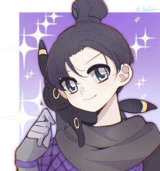 Rule 34 | 1girl, animification, apex legends, artist name, black hair, blue eyes, chinese commentary, creatures (company), crossover, game freak, gen 2 pokemon, gloves, grey gloves, hair behind ear, hair bun, highres, looking at viewer, nintendo, pokemon, pokemon (creature), portrait, shengdiyu, single hair bun, smile, solo focus, sparkle, umbreon, v-shaped eyebrows, wraith (apex legends)