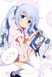 Rule 34 | 1girl, alternate costume, alternate hairstyle, blue eyes, blue hair, blush, chestnut mouth, clipboard, covering privates, covering crotch, gochuumon wa usagi desu ka?, hair ornament, hairclip, hat, heart, kafuu chino, long hair, looking at viewer, matching hair/eyes, nurse, nurse cap, ogipote, pen, shoes, short sleeves, solo, stethoscope, syringe, thighhighs, tippy (gochiusa), tippy (gochuumon wa usagi desuka?), triangle mouth, twintails, white thighhighs, x hair ornament