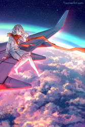 Rule 34 | 1girl, aircraft, airplane, barefoot, brown hair, coat, commentary, highres, long hair, original, scarf, solo, yuumei