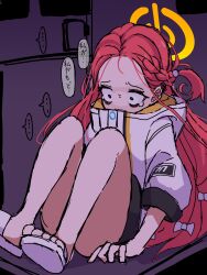 Rule 34 | 1girl, blue archive, crying, crying with eyes open, dr yamero, halo, highres, in locker, jacket, knees up, long hair, red hair, sandals, sitting, solo, tears, toes, translation request, white jacket, yellow halo, yuzu (blue archive)