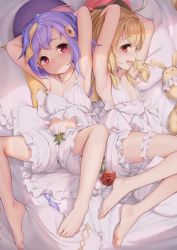 Rule 34 | 2girls, absurdres, an-telin, armpits, arms behind head, arms up, bare arms, barefoot, blonde hair, blush, bridal garter, dodoco (genshin impact), feet, flower, genshin impact, highres, klee (genshin impact), long hair, looking at another, lying, multiple girls, ofuda, on back, on bed, on side, open mouth, parted lips, purple hair, qiqi (genshin impact), red eyes, red flower, red rose, rose, shirt, shorts, sideways glance, sleeveless, sleeveless shirt, smile, very long hair, white shirt, white shorts
