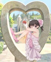 Rule 34 | 1girl, absurdres, bare shoulders, black hair, blurry, blurry background, breasts, camera, castle, chinosuke (cs4126), day, dot nose, dress, female focus, full body, gloves, heart (symbol), heels, highres, holding, holding camera, kuraue hinata, looking at viewer, no bra, no socks, one eye closed, open mouth, outdoors, purple eyes, scenery, small breasts, solo, teeth, yama no susume
