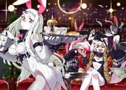 Rule 34 | 10s, 5girls, abyssal ship, alcohol, alternate costume, animal ears, bad id, bad pixiv id, bare shoulders, bartender, between breasts, black hair, blush, bottle, bow, bowtie, breasts, chi-class torpedo cruiser, claws, couch, crossed legs, cup, detached collar, disco ball, fake animal ears, fishnet pantyhose, fishnets, ho-class light cruiser, hood, horns, jacket, kantai collection, large breasts, leotard, lighter, long hair, long sleeves, mask, money, multiple girls, navel, open mouth, pale skin, pantyhose, plant, playboy bunny, potted plant, rabbit ears, re-class battleship, red eyes, ri-class heavy cruiser, scarf, seaport princess, short hair, single horn, smile, sparkle, table, tray, tsuru (clainman), very long hair, white hair, wrist cuffs, yellow eyes