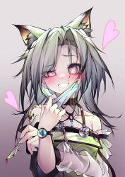 Rule 34 | 1girl, absurdres, animal ear fluff, animal ears, arknights, blood, blush, cat ears, cat girl, dress, gradient background, green dress, green eyes, grey hair, heart, heart-shaped pupils, highres, holding scalpel, kal&#039;tsit (arknights), mask, material growth, mouth mask, oripathy lesion (arknights), qinshi-ji, scalpel, smile, stethoscope, surgical mask, symbol-shaped pupils, yandere
