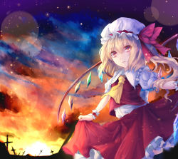 Rule 34 | 1girl, ascot, bad id, bad pixiv id, blonde hair, blouse, bow, cloud, cloudy sky, collared shirt, cross, curtsey, daimaou ruaeru, flandre scarlet, graveyard, hat, hat bow, highres, light particles, mob cap, pink eyes, puffy sleeves, shirt, short sleeves, side ponytail, skirt, skirt set, sky, solo, sunset, touhou, vest, white hat, white shirt, wings
