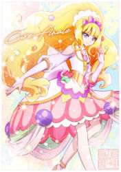 Rule 34 | 1girl, blonde hair, blue eyes, character name, commentary request, cure finale, delicious party precure, dress, earrings, eyelashes, gradient background, hair ornament, happy, highres, jewelry, kamikita futago, kasai amane, long hair, looking at viewer, magical girl, precure, smile, solo, standing, very long hair