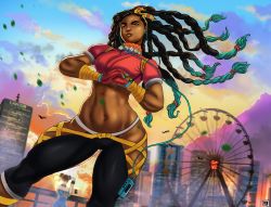 Rule 34 | 2girls, abs, absurdres, black hair, black pants, blue nails, bow hairband, breasts, brown eyes, brown lips, cable, capcom, capri pants, chun-li, commentary, dark-skinned female, dark skin, earbuds, earphones, english commentary, ferris wheel, fingerless gloves, fingernails, forehead, gloves, gluteal fold, hairband, highres, hip vent, jermale thomas, kimberly jackson, listening to music, long hair, medium breasts, multiple girls, nail polish, navel, nose, palm-fist greeting, pants, quad braids, red gloves, red shirt, scarf, shirt, solo focus, street fighter, street fighter 6, thick eyebrows, thick thighs, thighs, toned, very dark skin, walkman