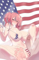 Rule 34 | 1boy, 1girl, american flag background, american flag bikini, areola slip, azur lane, bare legs, bare shoulders, barefoot, bikini, blush, breasts, bremerton (azur lane), censored, cleavage, collarbone, covered erect nipples, feet, flag print, foot focus, grey hair, grin, hair between eyes, hair intakes, large breasts, long hair, looking at viewer, maidforge, mole, mole on breast, mole under eye, mosaic censoring, multicolored hair, navel, navel piercing, nose blush, paid reward available, penis, piercing, pink eyes, pink hair, sex, sidelocks, sitting, smile, soles, solo focus, spread legs, star (symbol), stomach, strap pull, streaked hair, sweat, swimsuit, teeth, thighs, toes, twintails, two-tone hair, veins, veiny penis