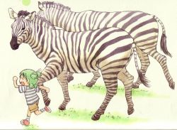 Rule 34 | 1girl, ^ ^, azuma kiyohiko, blouse, child, closed eyes, highres, koiwai yotsuba, quad tails, shirt, simple background, socks, solo, striped clothes, striped shirt, striped socks, yotsubato!, zebra