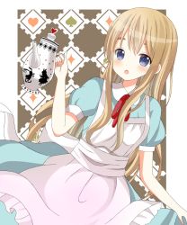 Rule 34 | 1girl, alice in wonderland, blonde hair, blue eyes, dress, highres, k-on!, kotobuki tsumugi, long hair, md5 mismatch, open mouth, ryoutan, teapot