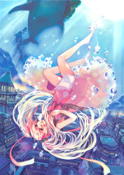Rule 34 | 1girl, barefoot, blue theme, bubble, city, dress, female focus, full body, kochimo, pink hair, solo, twintails, underwater, whale