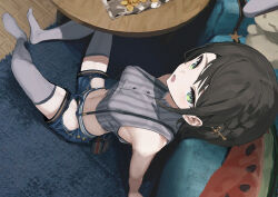 Rule 34 | 1girl, aqua eyes, arm support, bare shoulders, black hair, blue shorts, blurry, breasts, chips (food), clothing cutout, commentary request, couch, cropped shirt, depth of field, eyelashes, feet, food, from above, grey shirt, grey thighhighs, hair ornament, highres, hololive, indoors, leaning back, legs, looking at viewer, medium breasts, medium hair, midriff, navel, no shoes, official alternate costume, on ground, oozora subaru, oozora subaru (work), open mouth, potato chips, rug, shadow, shirt, shorts, sidelocks, sitting, sleeveless, sleeveless shirt, solo, striped clothes, striped shirt, stuffed toy, suspender shorts, suspenders, susukawa (susucawa), swept bangs, thigh cutout, thighhighs, thighs, toes, vertical-striped clothes, vertical-striped shirt, virtual youtuber, wooden floor