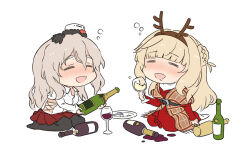 Rule 34 | 2girls, aka ringo, alcohol, antlers, belt, black belt, black thighhighs, blush, bottle, braid, brown hair, brown hairband, closed eyes, collared shirt, commentary, cup, dress, drinking glass, drooling, drunk, english commentary, hairband, hat, highres, holding, holding bottle, horns, kantai collection, light brown hair, long hair, long sleeves, mini hat, multiple girls, official alternate costume, open mouth, pleated skirt, pola (kancolle), ranger (kancolle), red dress, red skirt, reindeer antlers, shirt, simple background, skirt, smile, squeans, thighhighs, white background, white headwear, white shirt, wine, wine bottle, wine glass