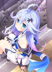 Rule 34 | 1girl, ahoge, bare shoulders, blue eyes, blue hair, choker, dress, from behind, hair ornament, hairclip, little mermaid (mary skelter), long hair, looking back, mary skelter, side slit, sitting, smile, solo, strapless, strapless dress, white dress, zinan