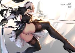 Rule 34 | 1girl, artist name, ass, black dress, black footwear, black gloves, black thighhighs, blindfold, boots, breasts, character name, cian yo, commentary, dress, feather-trimmed sleeves, from below, gloves, hairband, high heel boots, high heels, holding, holding sword, holding weapon, juliet sleeves, katana, leotard, lips, long sleeves, medium breasts, mole, mole under mouth, nier (series), nier:automata, pod (nier:automata), puffy sleeves, short hair, solo, sword, thigh boots, thighhighs, thighs, weapon, white leotard, 2b (nier:automata)