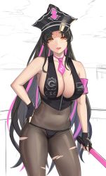 Rule 34 | 1girl, absurdres, bare shoulders, bikini, black bikini, black hair, black pantyhose, blush, bodysuit, breasts, cleavage, dhrmawk159, facial mark, fate/grand order, fate (series), forehead mark, hat, highres, large breasts, lips, long hair, looking at viewer, multicolored hair, pantyhose, parted bangs, parted lips, pink hair, sessyoin kiara, sessyoin kiara (swimsuit mooncancer), sessyoin kiara (swimsuit mooncancer) (second ascension), solo, streaked hair, swimsuit, teeth, torn bodysuit, torn clothes, upper teeth only, very long hair, yellow eyes
