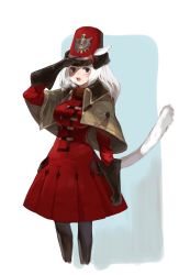 Rule 34 | 1girl, animal ears, arm at side, bad id, bad pixiv id, black gloves, black legwear, breasts, brown capelet, capelet, cat ears, cat girl, cat tail, dress, facial mark, final fantasy, final fantasy xiv, gloves, grey eyes, hat, highres, kkaebing, large breasts, legs apart, long hair, long sleeves, looking at viewer, miqo&#039;te, open mouth, red dress, red hat, salute, shako cap, solo, tail, tail raised, teeth, warrior of light (ff14), white hair