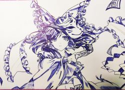 Rule 34 | 1girl, ballpoint pen (medium), blue theme, bow, chinese commentary, closed mouth, detached sleeves, fox mask, frilled bow, frilled hair tubes, frilled ribbon, frills, frown, gohei, hair bow, hair ribbon, hair tubes, hakurei reimu, holding, looking at viewer, mask, mask on head, medium hair, monochrome, photo (medium), ribbon, ribbon-trimmed sleeves, ribbon trim, ruanjun demao, sidelocks, solo, split mouth, talisman, touhou, traditional media, upper body, vest, wide sleeves